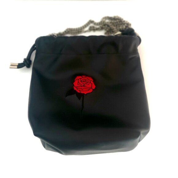 NEWER Faux Leather Black Bucket Crossbody Bag Silver Chain Embroidered Rose - Picture 12 of 13